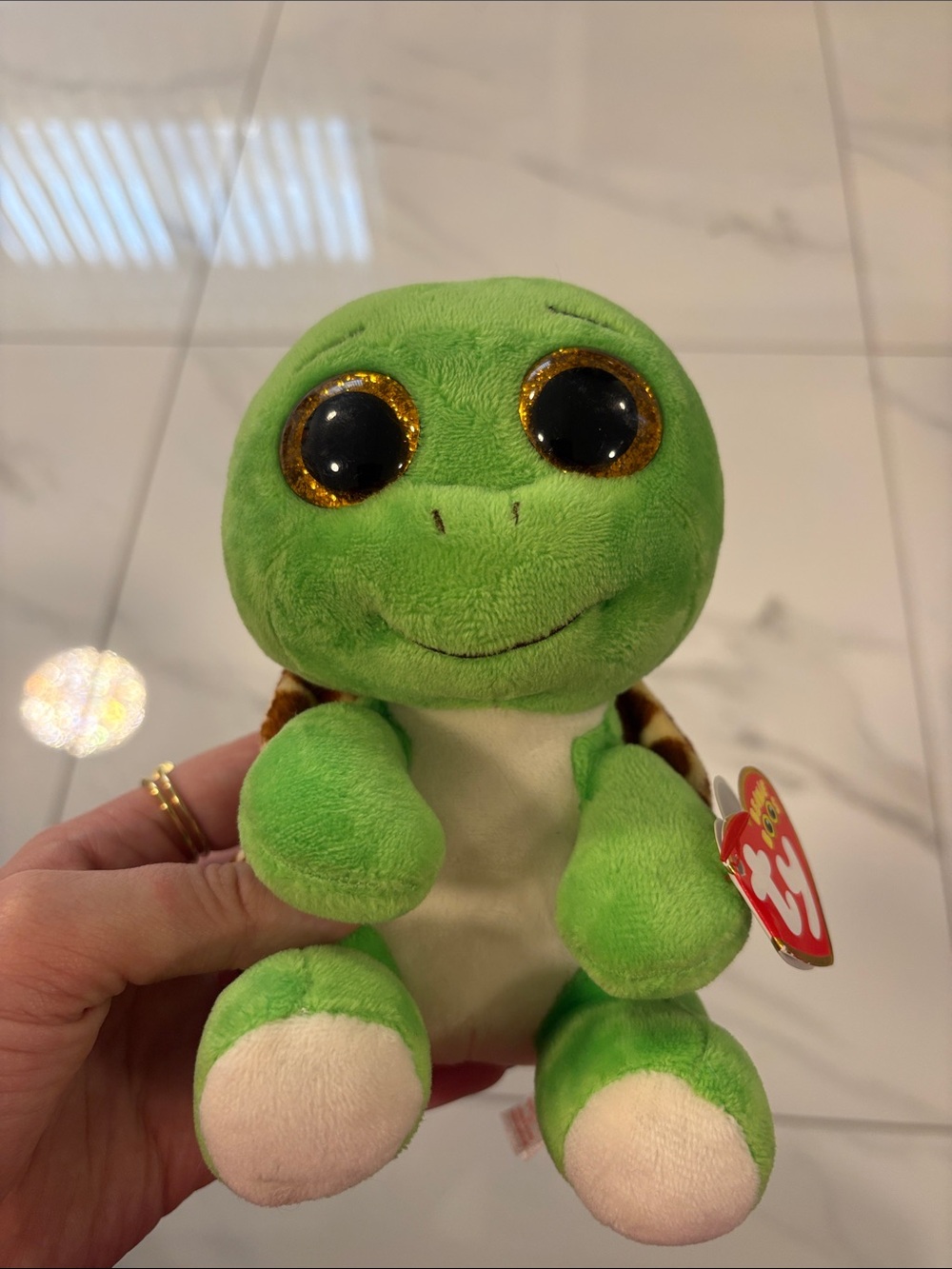 Ty Green Turtle Plush with Gold-Rim Eyes and Cream Belly